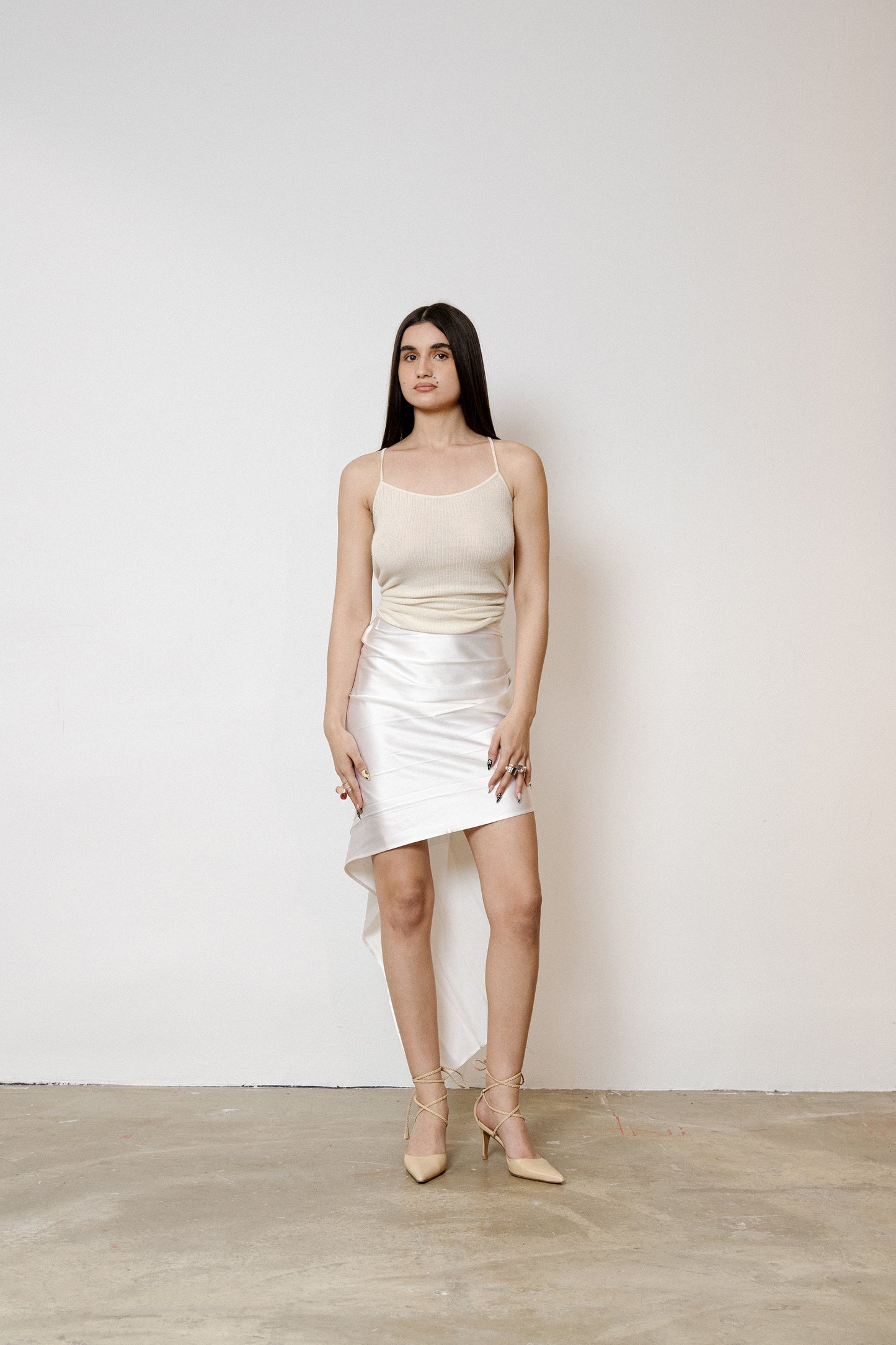 Cummerbund Skirt in Silk Satin - Coconut White