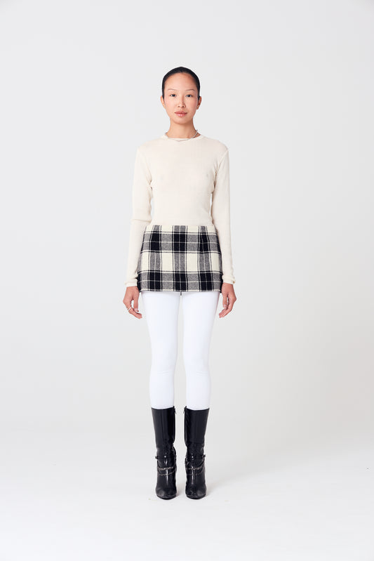 Wool Drape Tartan Micro Skirt in Black and White