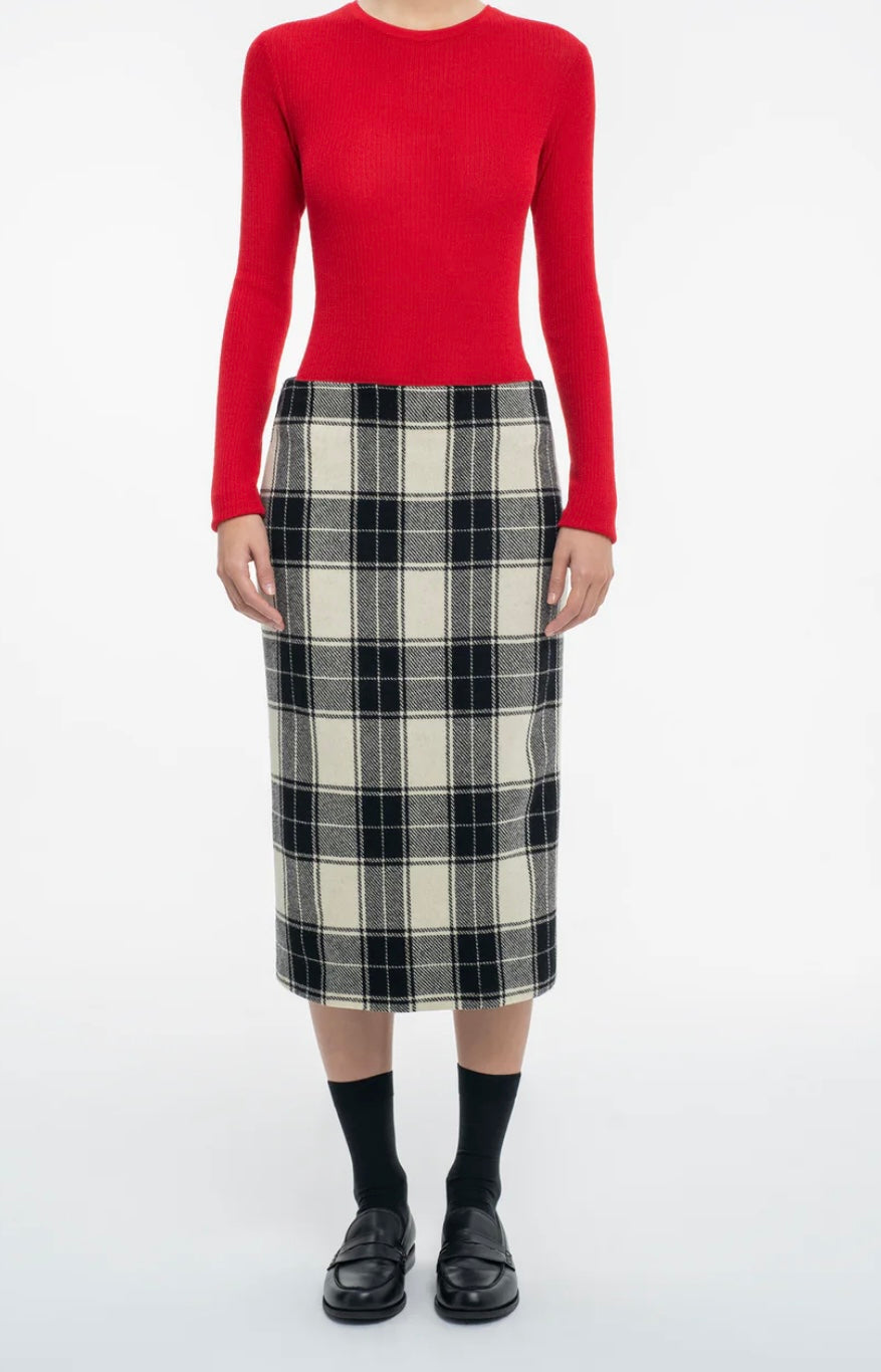 Wool Drape Tartan Pencil Skirt in Black and White